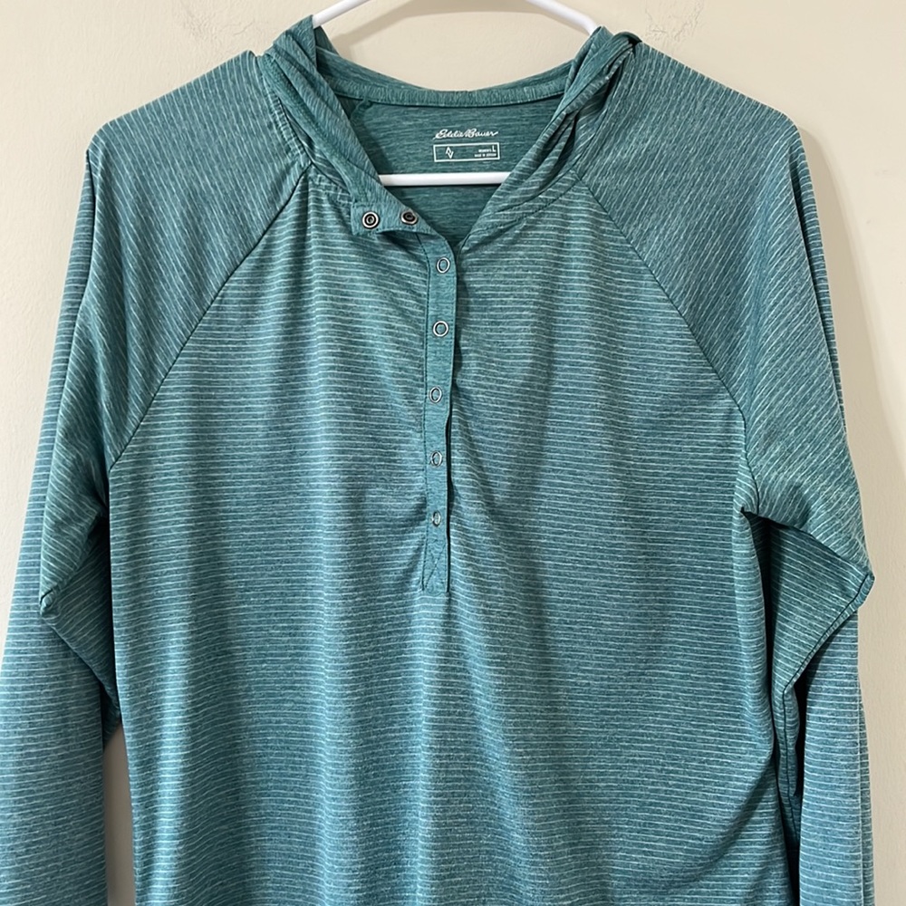 Eddie Bauer Green Striped Long Sleeve Lightweight Pullover Hoodie Size L - Picture 2 of 11
